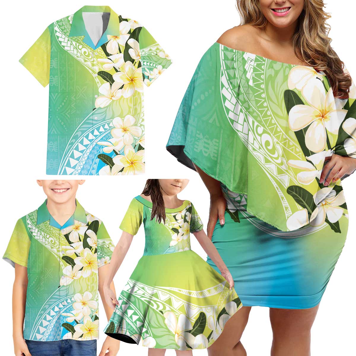 Aloha Hawaii Festive Family Matching Off Shoulder Short Dress and Hawaiian Shirt Frangipani Lace Classic - Summer Vibes