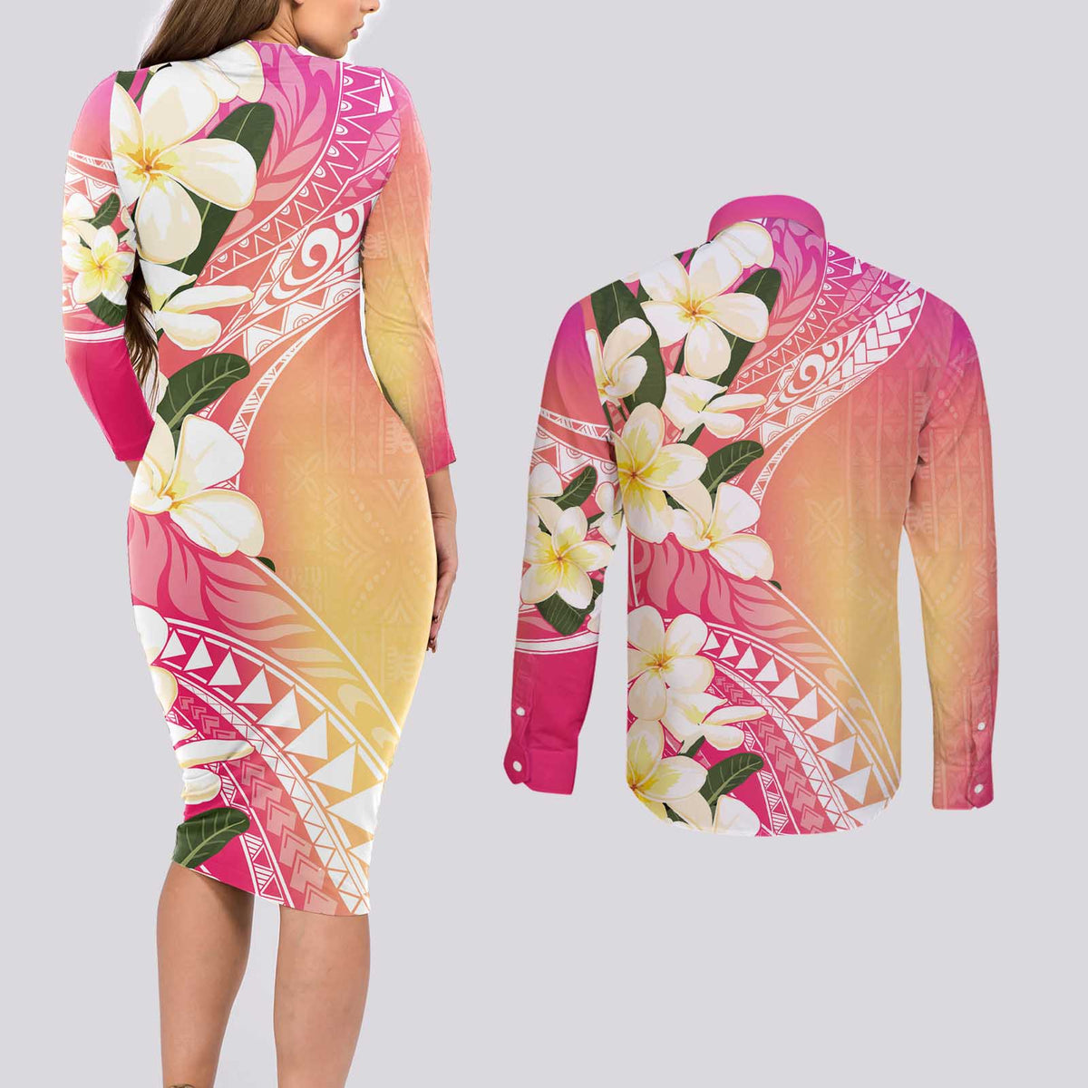 Aloha Hawaii Festive Couples Matching Long Sleeve Bodycon Dress and Long Sleeve Button Shirt Frangipani Lace Classic - Spring Vibes