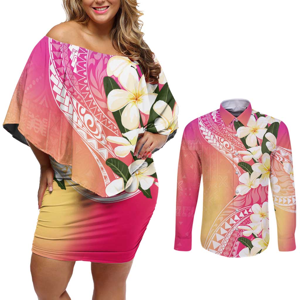 Aloha Hawaii Festive Couples Matching Off Shoulder Short Dress and Long Sleeve Button Shirt Frangipani Lace Classic - Spring Vibes LT7 Colorful - Polynesian Pride