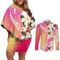 Aloha Hawaii Festive Couples Matching Off Shoulder Short Dress and Long Sleeve Button Shirt Frangipani Lace Classic - Spring Vibes LT7 Colorful - Polynesian Pride