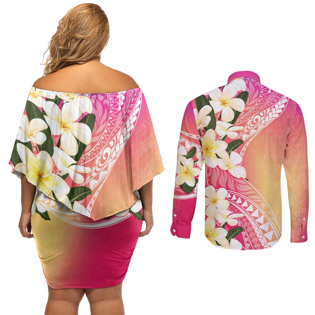 Aloha Hawaii Festive Couples Matching Off Shoulder Short Dress and Long Sleeve Button Shirt Frangipani Lace Classic - Spring Vibes LT7 - Polynesian Pride