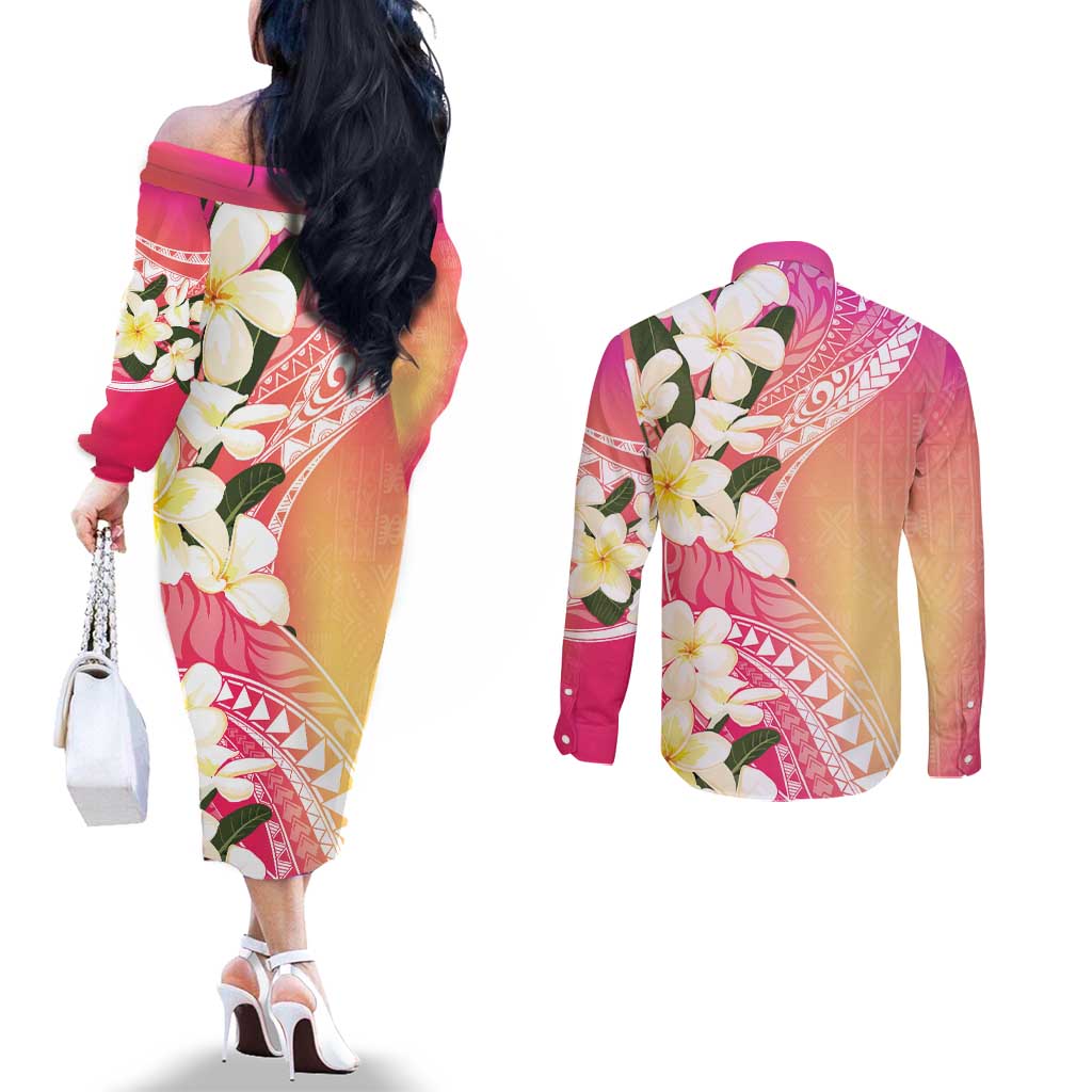 Aloha Hawaii Festive Couples Matching Off The Shoulder Long Sleeve Dress and Long Sleeve Button Shirt Frangipani Lace Classic - Spring Vibes
