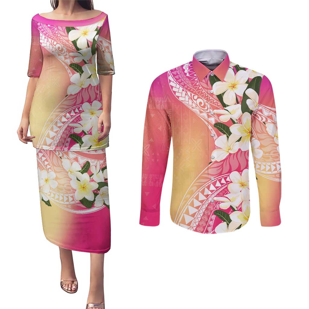 Aloha Hawaii Festive Couples Matching Puletasi and Long Sleeve Button Shirt Frangipani Lace Classic - Spring Vibes
