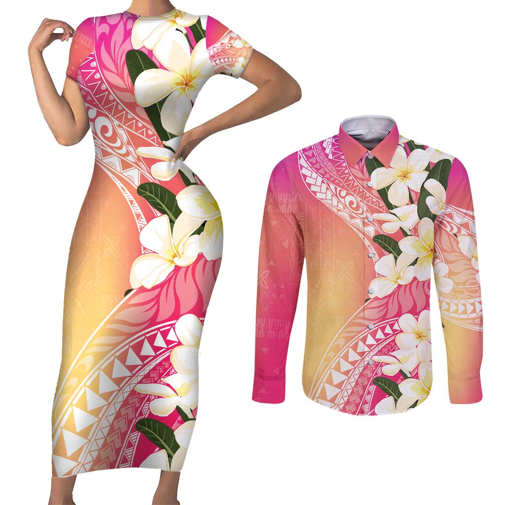 Aloha Hawaii Festive Couples Matching Short Sleeve Bodycon Dress and Long Sleeve Button Shirt Frangipani Lace Classic - Spring Vibes