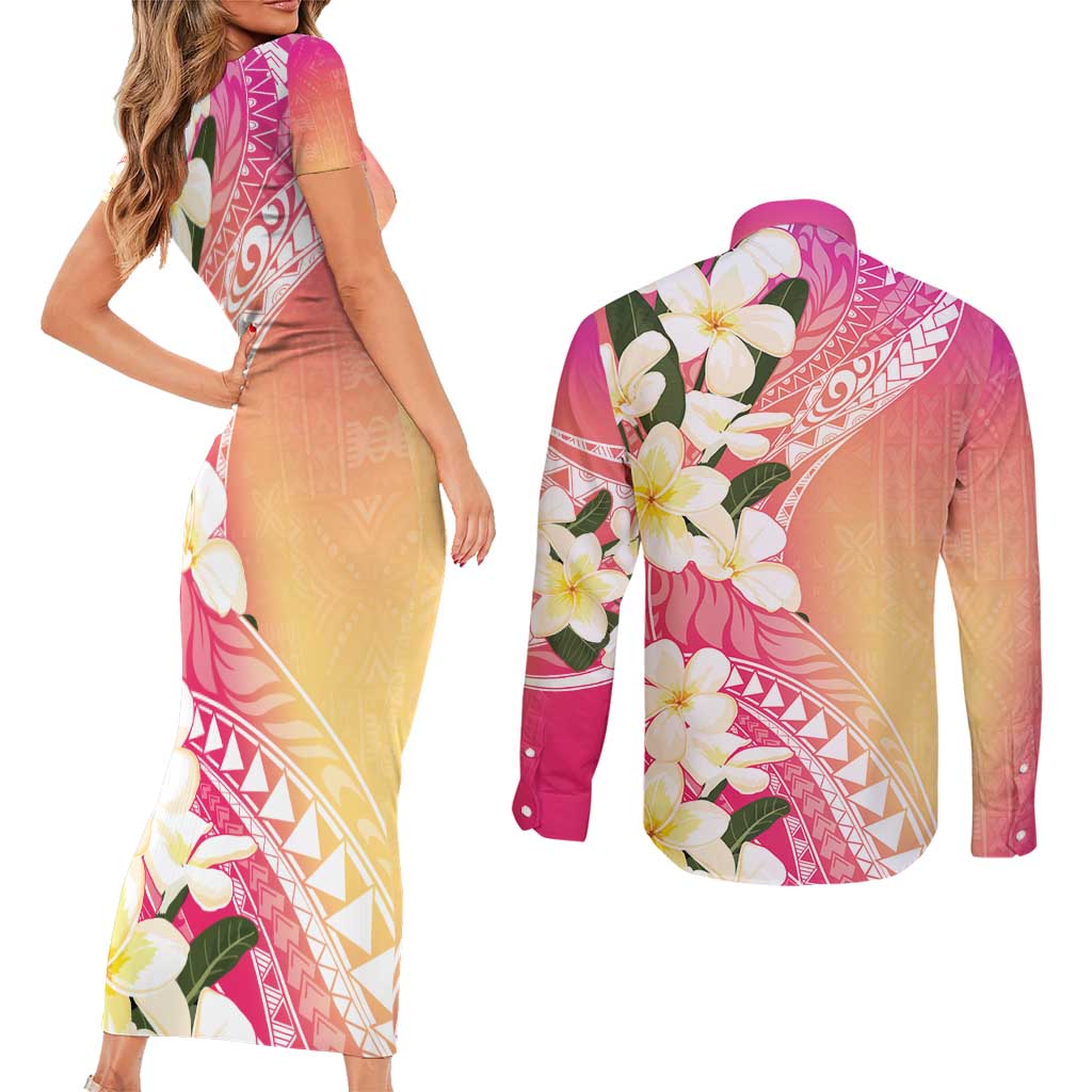 Aloha Hawaii Festive Couples Matching Short Sleeve Bodycon Dress and Long Sleeve Button Shirt Frangipani Lace Classic - Spring Vibes