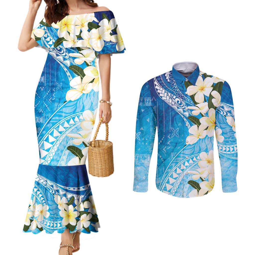 Aloha Hawaii Festive Couples Matching Mermaid Dress and Long Sleeve Button Shirt Frangipani Lace Classic - Oceanic LT7 Navy - Polynesian Pride