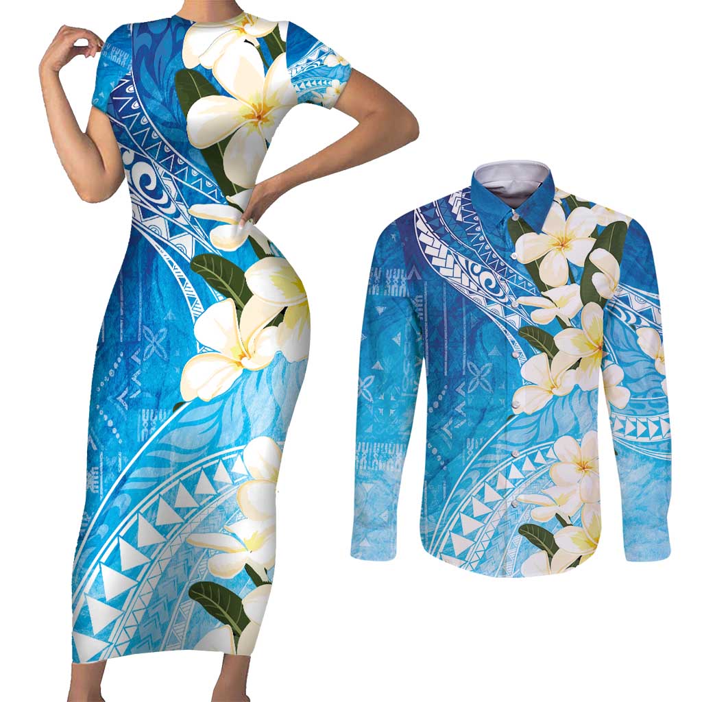 Aloha Hawaii Festive Couples Matching Short Sleeve Bodycon Dress and Long Sleeve Button Shirt Frangipani Lace Classic - Oceanic