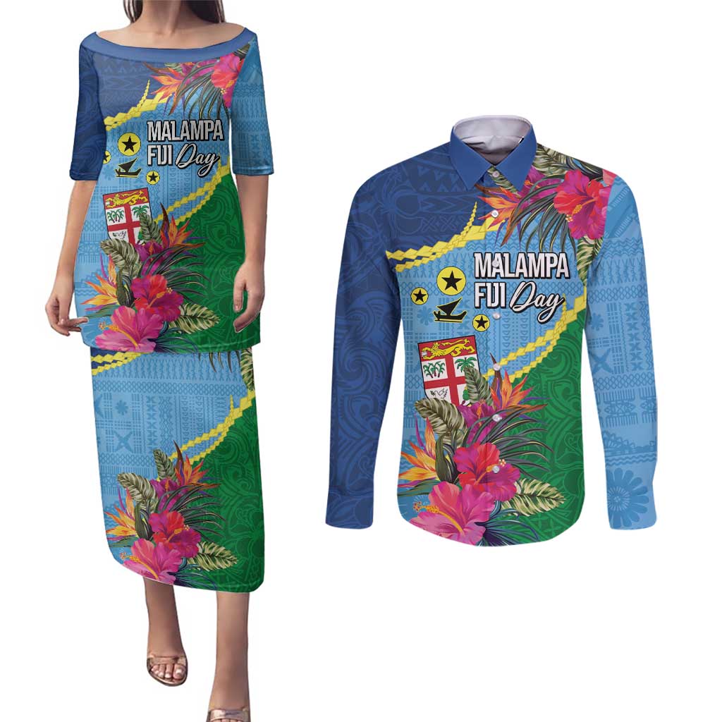Personalized Malampa Fiji Day Together We Grow Couples Matching Puletasi and Long Sleeve Button Shirt Special Tapa Mix - Polynesian Pride