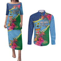 Personalized Malampa Fiji Day Together We Grow Couples Matching Puletasi and Long Sleeve Button Shirt Special Tapa Mix - Polynesian Pride