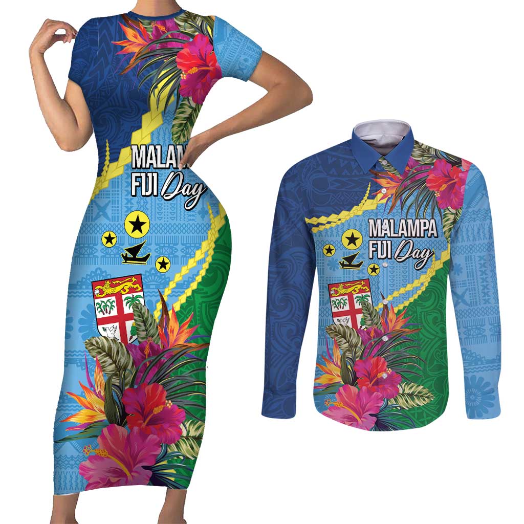 Personalized Malampa Fiji Day Together We Grow Couples Matching Short Sleeve Bodycon Dress and Long Sleeve Button Shirt Special Tapa Mix - Polynesian Pride