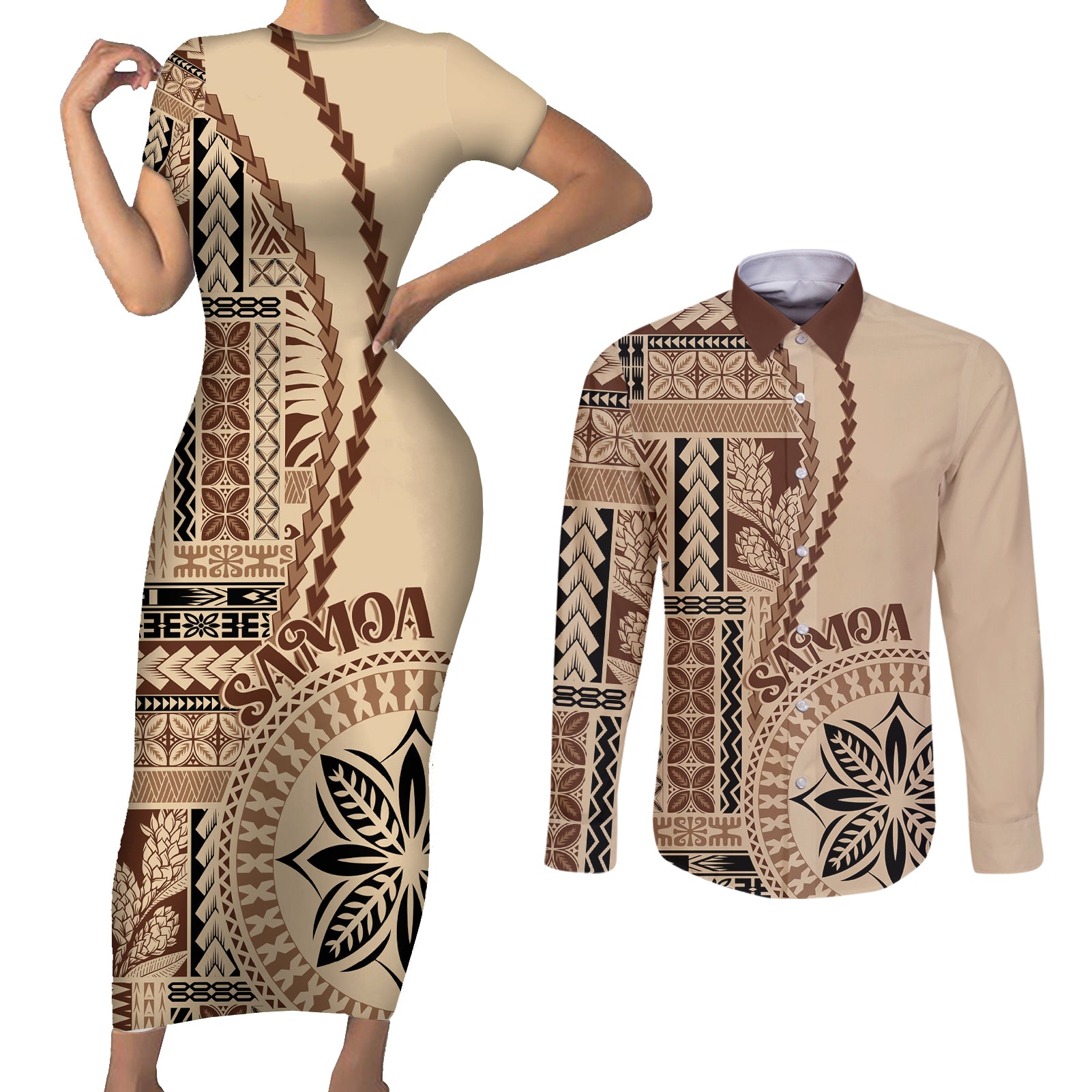 samoa-siapo-motif-couples-matching-short-sleeve-bodycon-dress-and-long-sleeve-button-shirt-classic-style