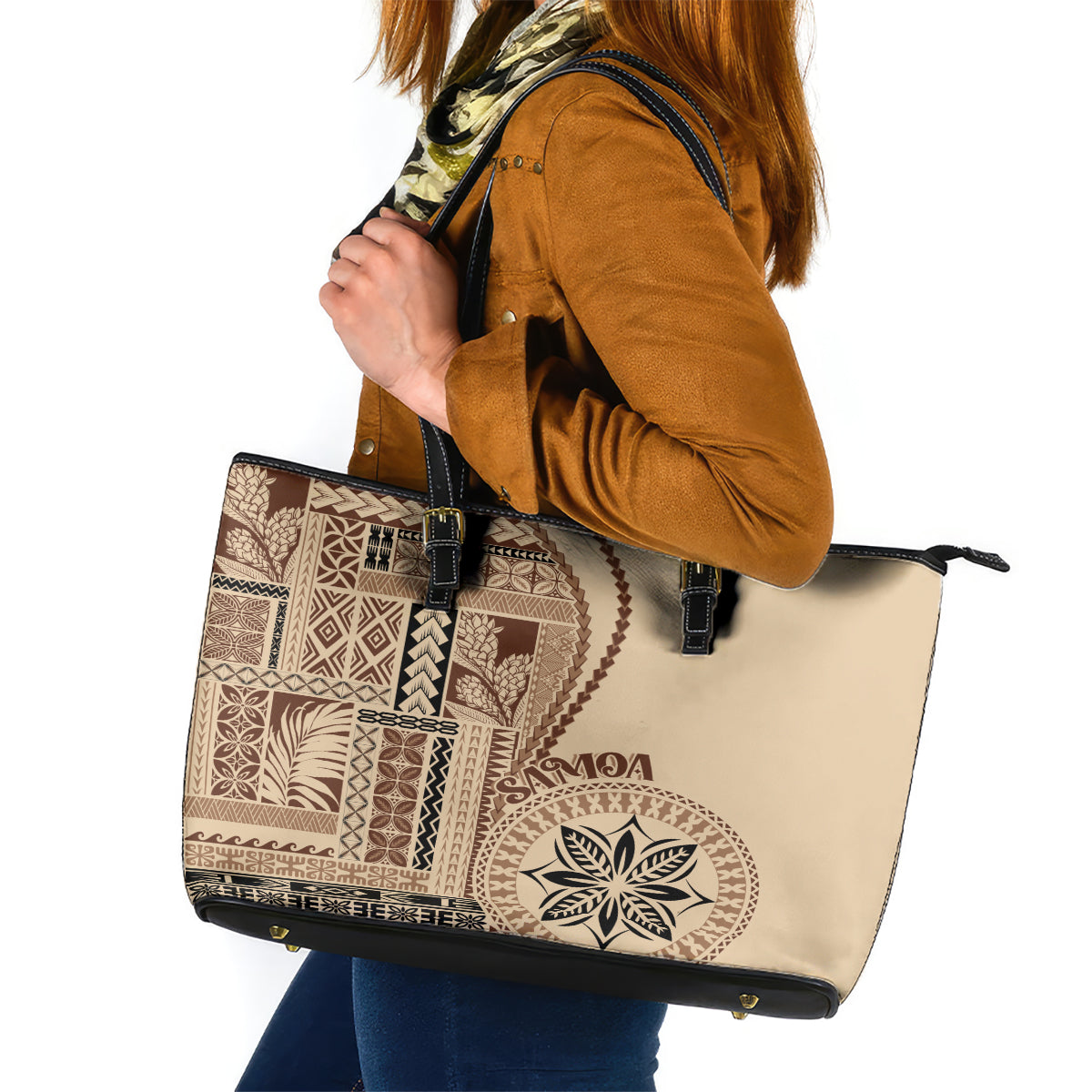 Samoa Siapo Motif Leather Tote Bag Classic Style LT7 Beige - Polynesian Pride