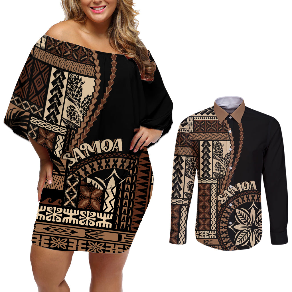 Samoa Siapo Motif Couples Matching Off Shoulder Short Dress and Long Sleeve Button Shirt Classic Style - Black Ver LT7 Black - Polynesian Pride