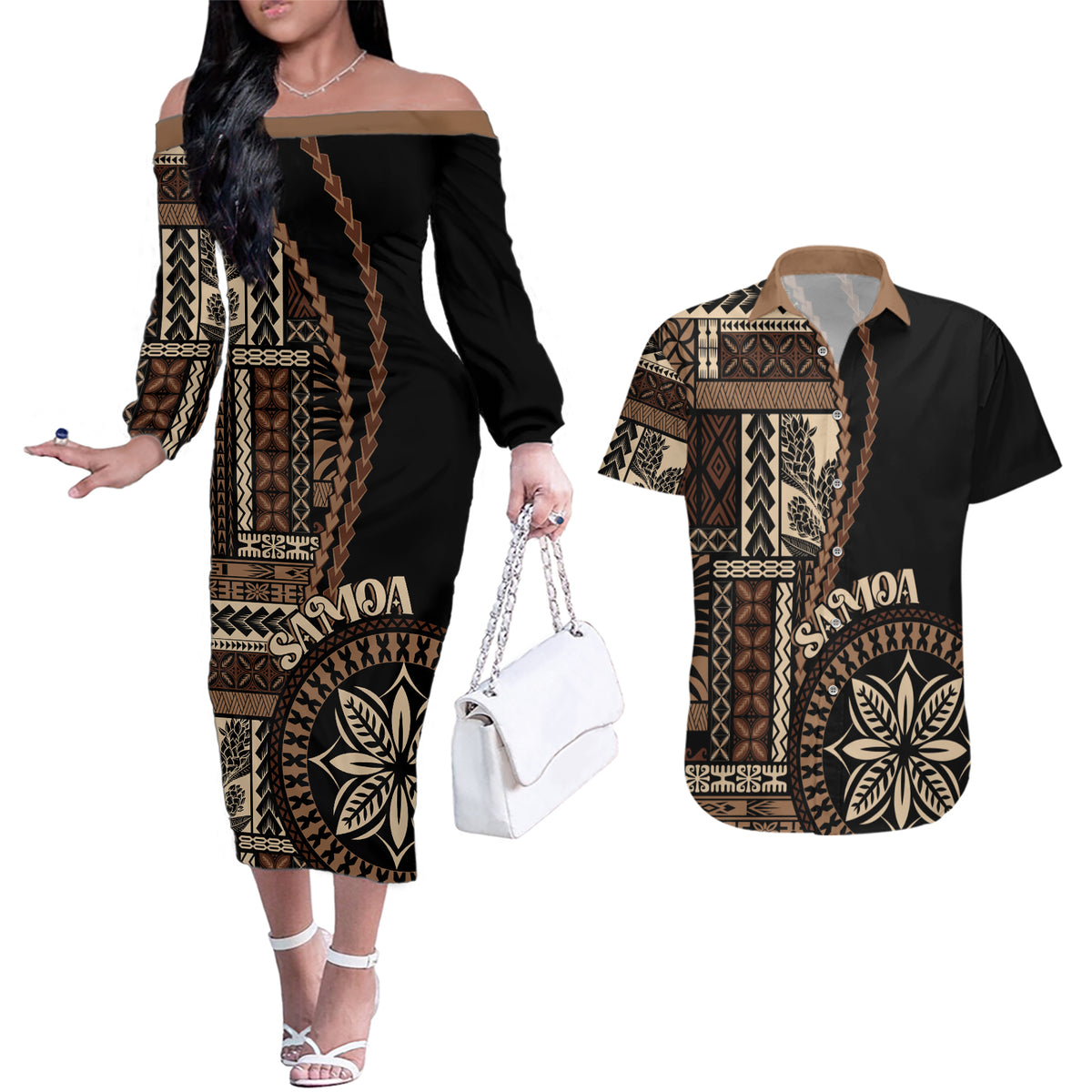 Samoa Siapo Motif Couples Matching Off The Shoulder Long Sleeve Dress and Hawaiian Shirt Classic Style - Black Ver LT7 Black - Polynesian Pride