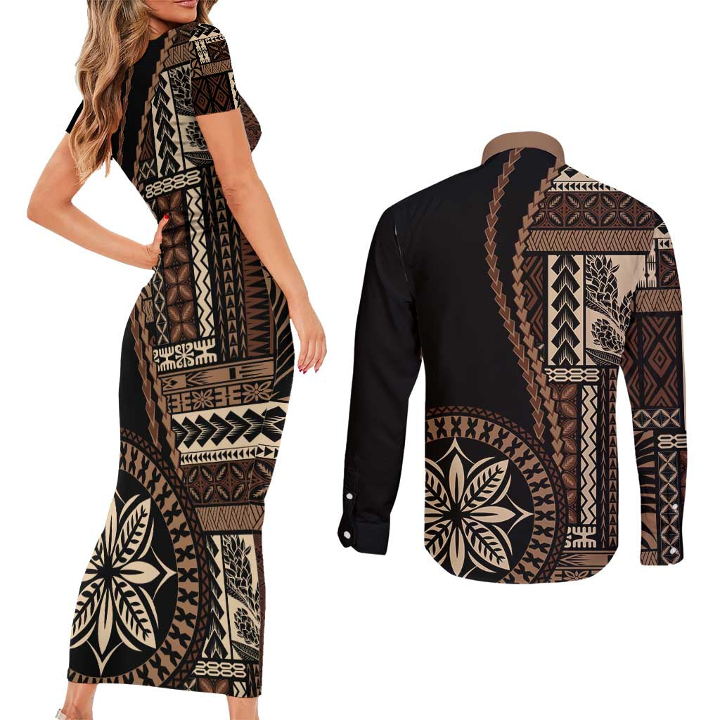 Samoa Siapo Motif Couples Matching Short Sleeve Bodycon Dress and Long Sleeve Button Shirt Classic Style - Black Ver LT7