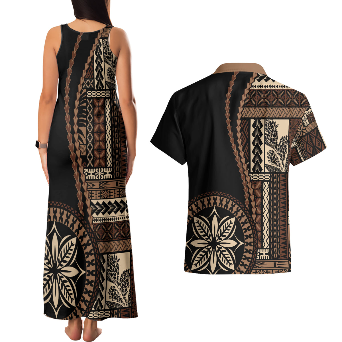 Samoa Siapo Motif Couples Matching Tank Maxi Dress and Hawaiian Shirt Classic Style - Black Ver LT7 - Polynesian Pride