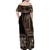 Samoa Siapo Motif Family Matching Off Shoulder Maxi Dress and Hawaiian Shirt Classic Style - Black Ver LT7 - Polynesian Pride
