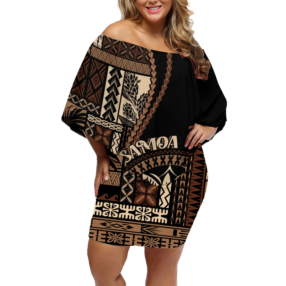 Samoa Siapo Motif Family Matching Off Shoulder Short Dress and Hawaiian Shirt Classic Style - Black Ver LT7 Mom's Dress Black - Polynesian Pride