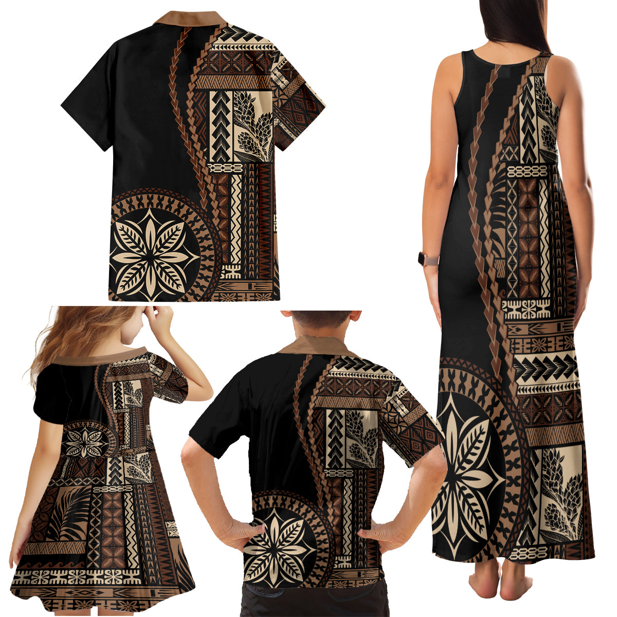 Samoa Siapo Motif Family Matching Tank Maxi Dress and Hawaiian Shirt Classic Style - Black Ver LT7 - Polynesian Pride
