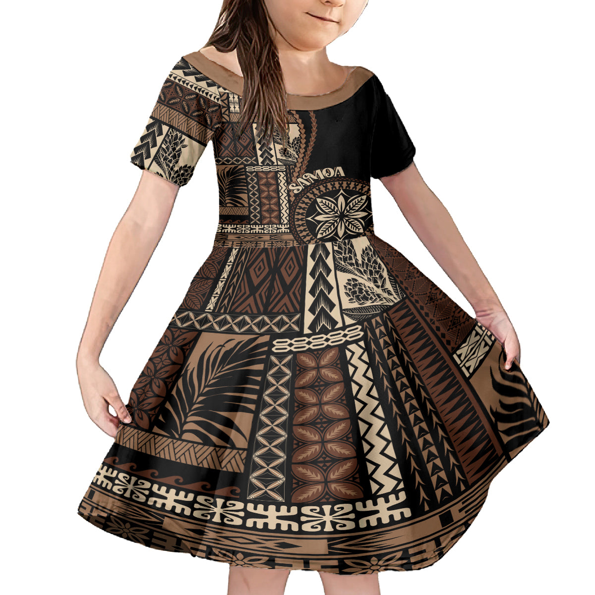 Samoa Siapo Motif Kid Short Sleeve Dress Classic Style - Black Ver LT7 KID Black - Polynesian Pride