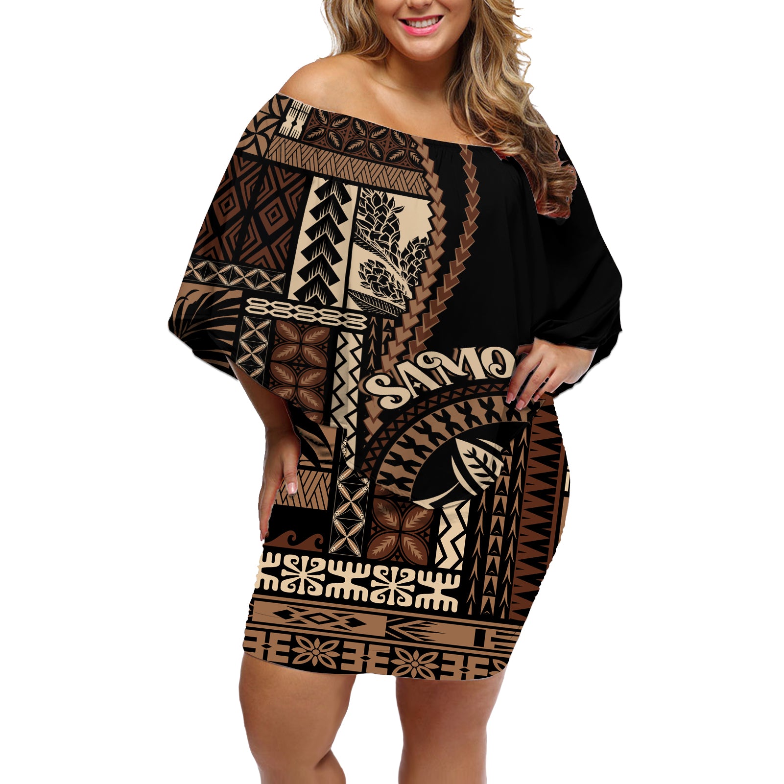 Samoa Siapo Motif Off Shoulder Short Dress Classic Style - Black Ver LT7 Women Black - Polynesian Pride