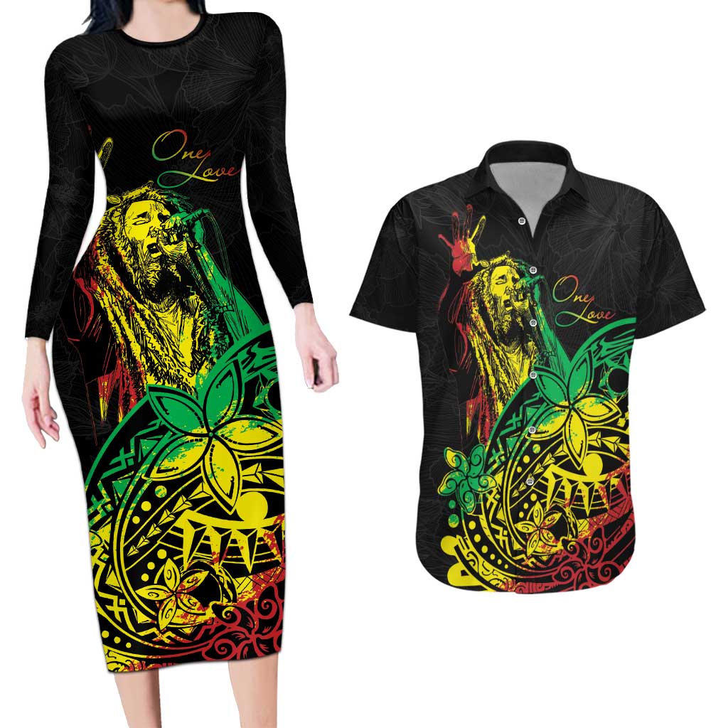 Personalised Reggae Jawaiian Festive Couples Matching Long Sleeve Bodycon Dress and Hawaiian Shirt Mix Polynesian