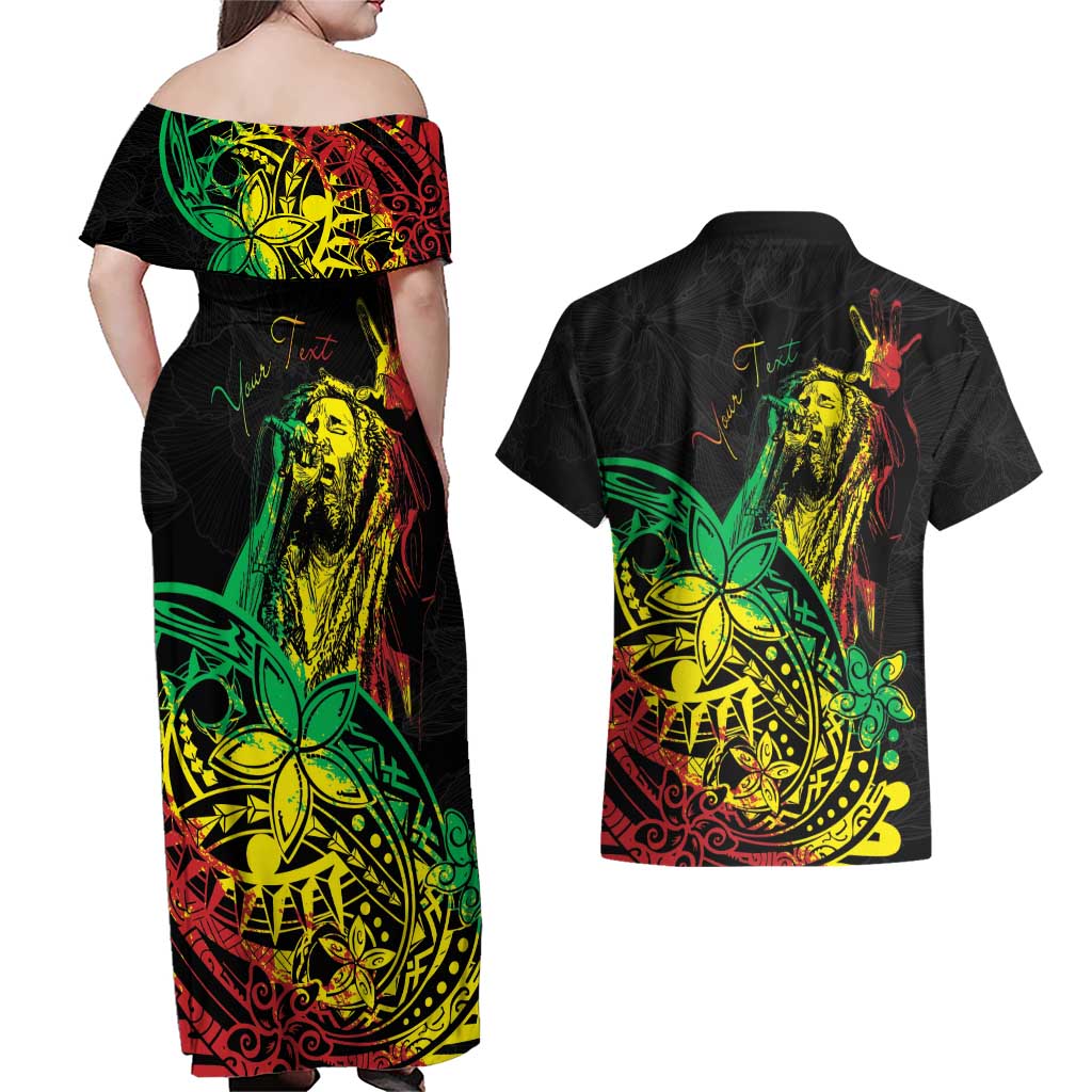 Personalised Reggae Jawaiian Festive Couples Matching Off Shoulder Maxi Dress and Hawaiian Shirt Mix Polynesian