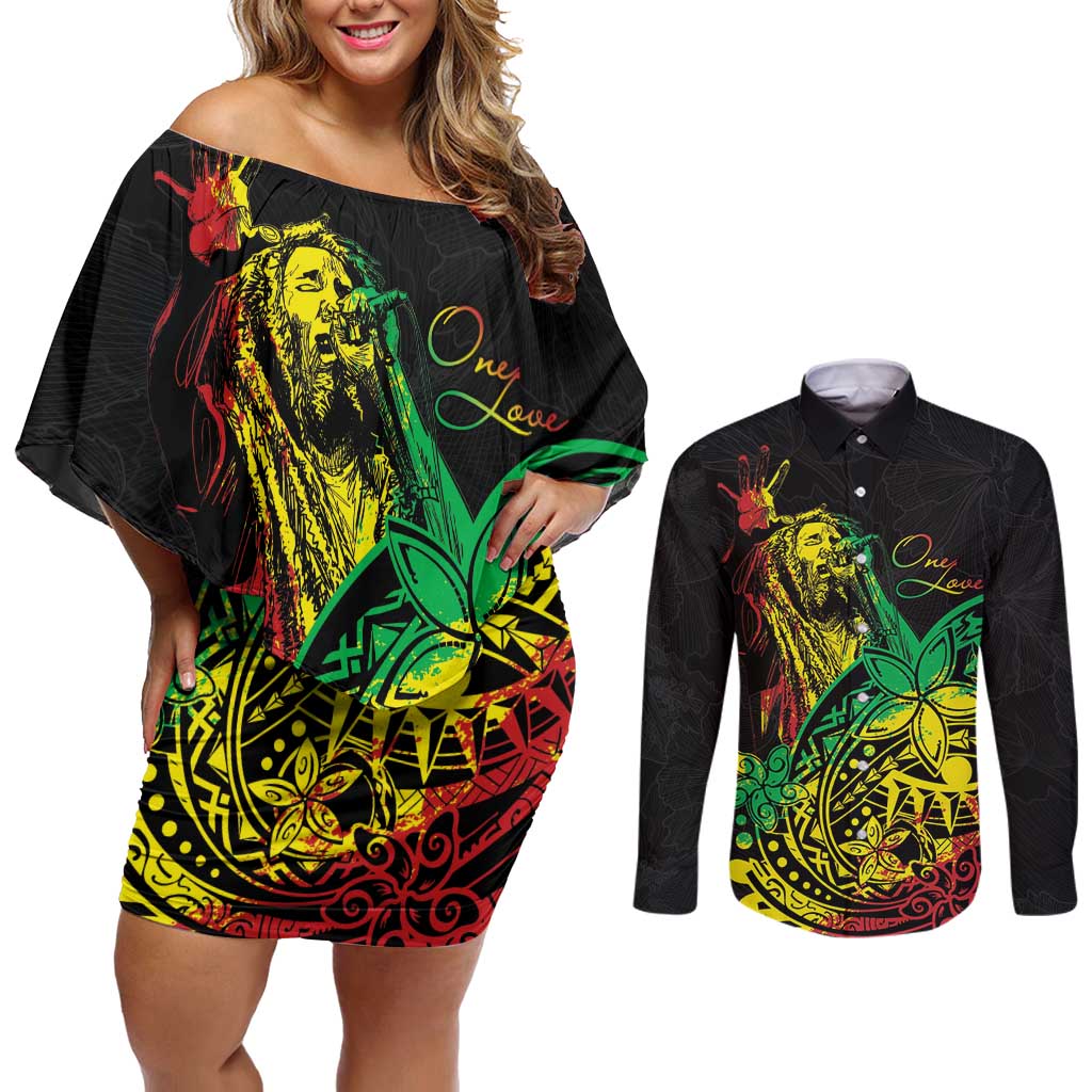 Personalised Reggae Jawaiian Festive Couples Matching Off Shoulder Short Dress and Long Sleeve Button Shirt Mix Polynesian