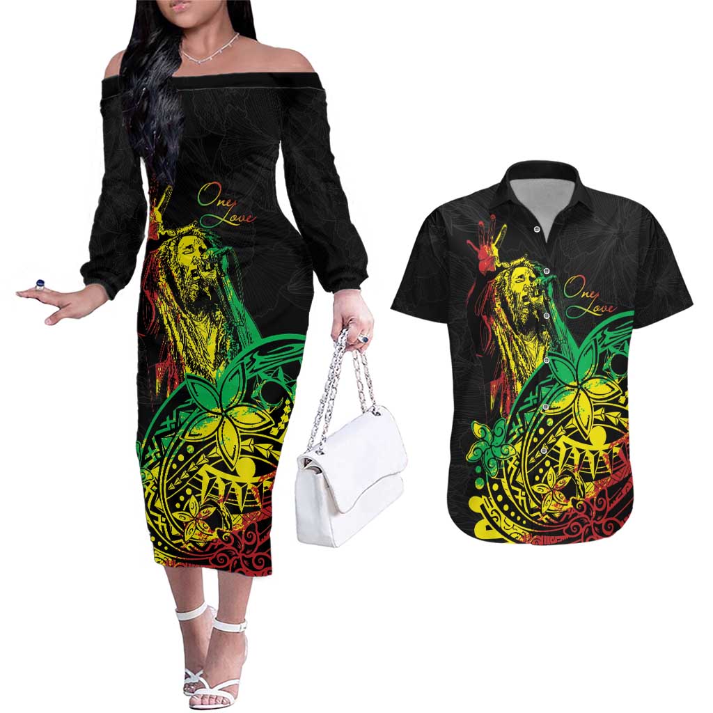 Personalised Reggae Jawaiian Festive Couples Matching Off The Shoulder Long Sleeve Dress and Hawaiian Shirt Mix Polynesian