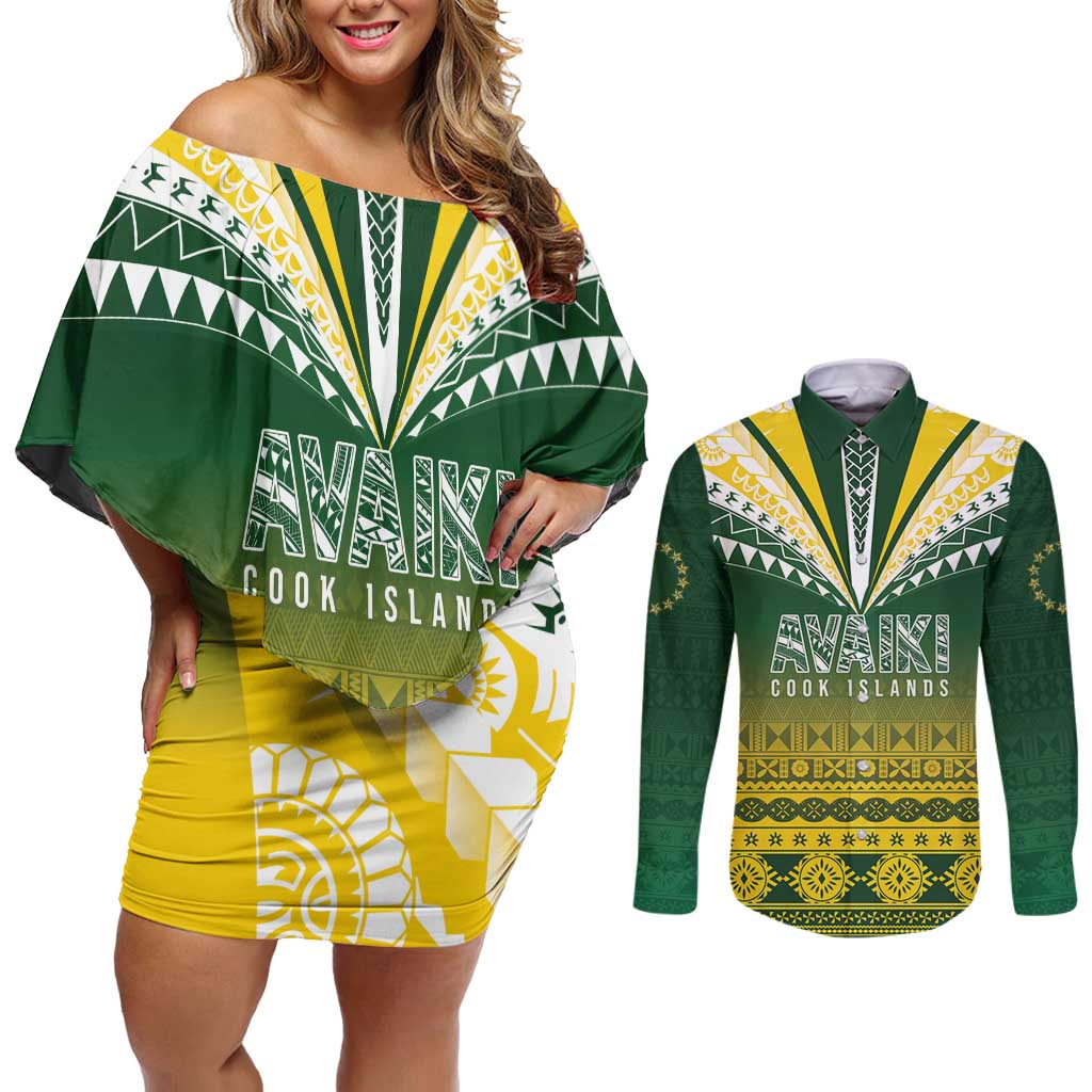 Cook Islands Rugby Custom Couples Matching Off Shoulder Short Dress and Long Sleeve Button Shirt Kuki Avaiki LT7 Yellow Green - Polynesian Pride
