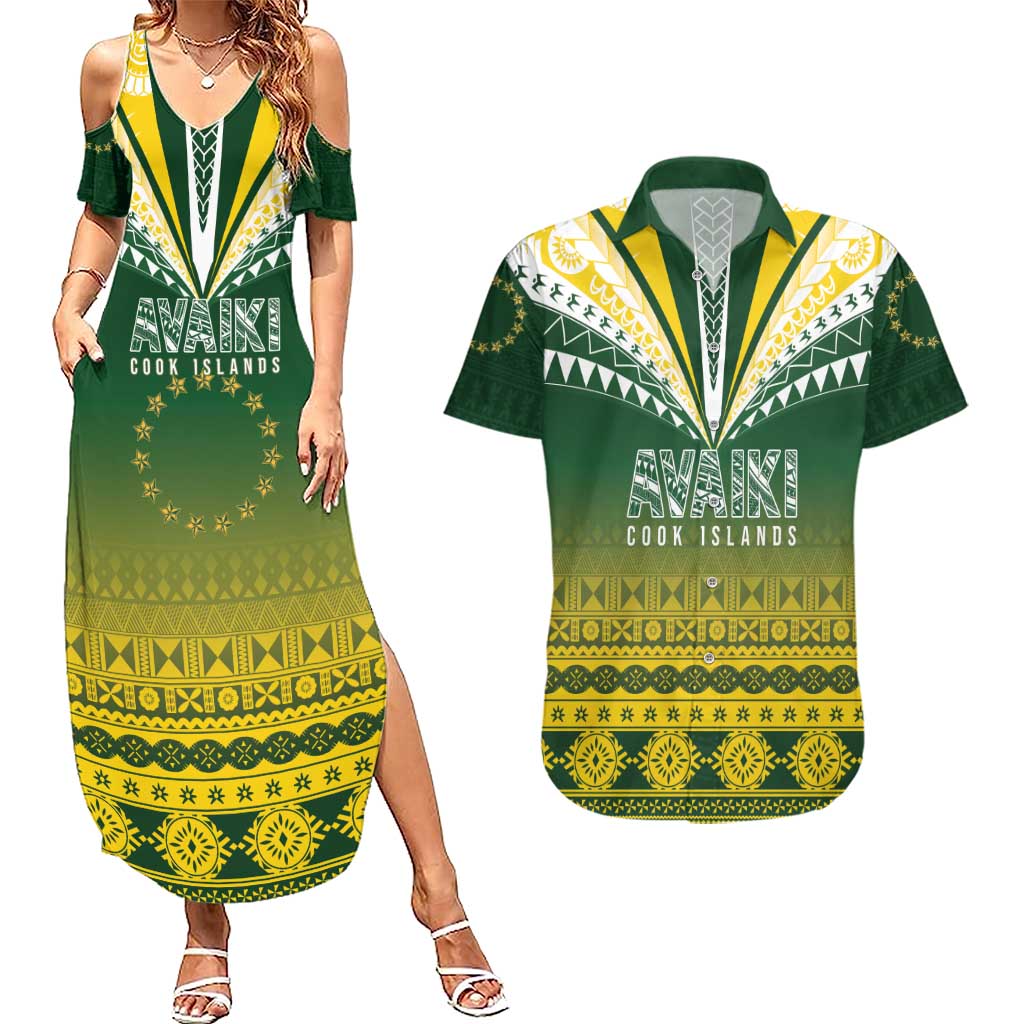 Cook Islands Rugby Custom Couples Matching Summer Maxi Dress and Hawaiian Shirt Kuki Avaiki LT7 Yellow Green - Polynesian Pride