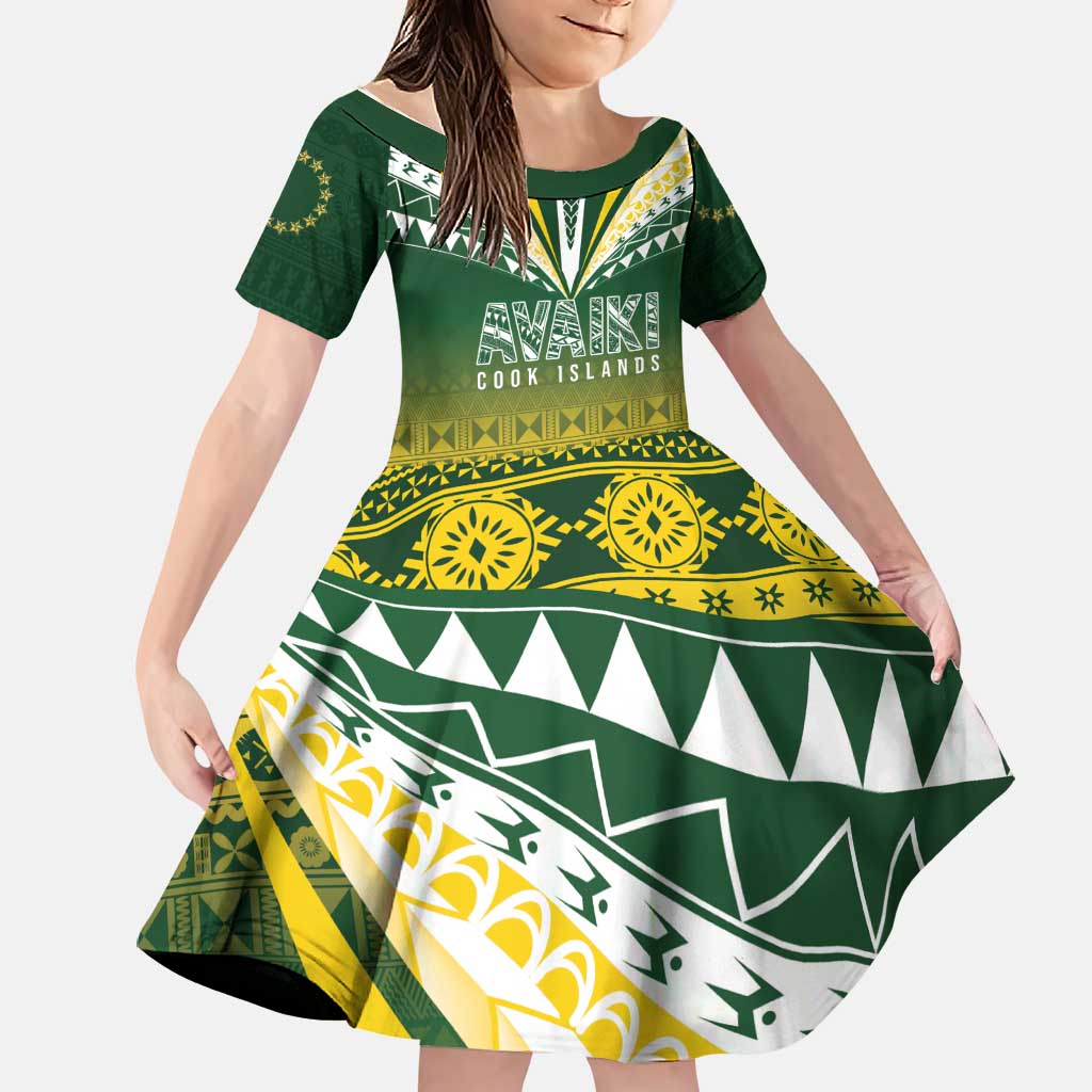 Cook Islands Rugby Custom Family Matching Short Sleeve Bodycon Dress and Hawaiian Shirt Kuki Avaiki LT7 Daughter's Dress Yellow Green - Polynesian Pride