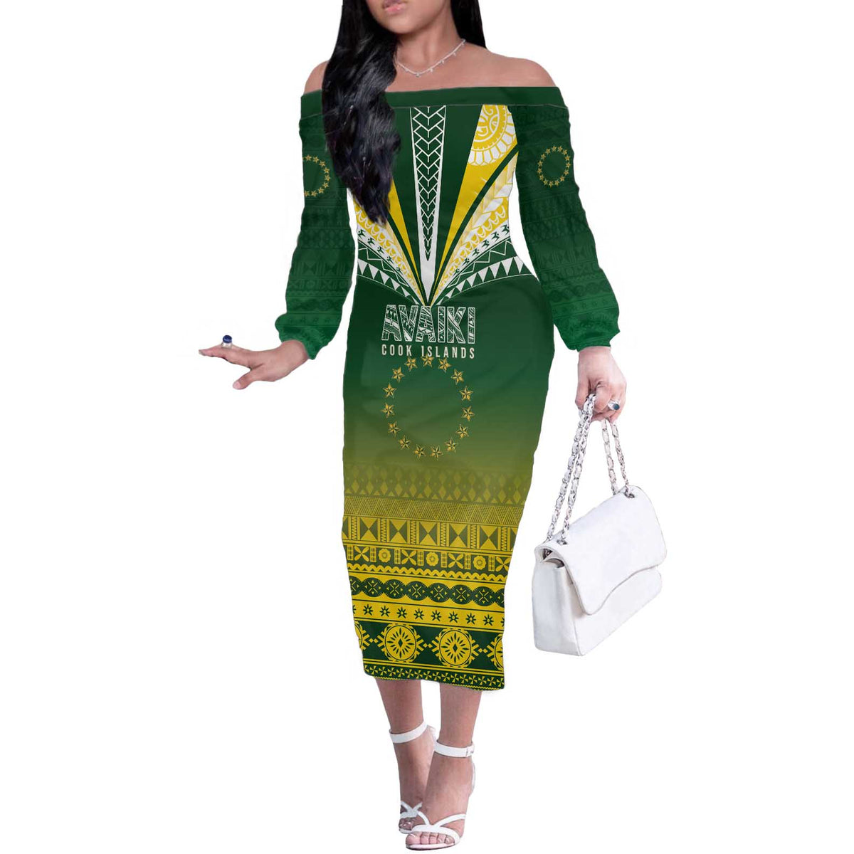 Cook Islands Rugby Custom Off The Shoulder Long Sleeve Dress Kuki Avaiki - Polynesian Pride