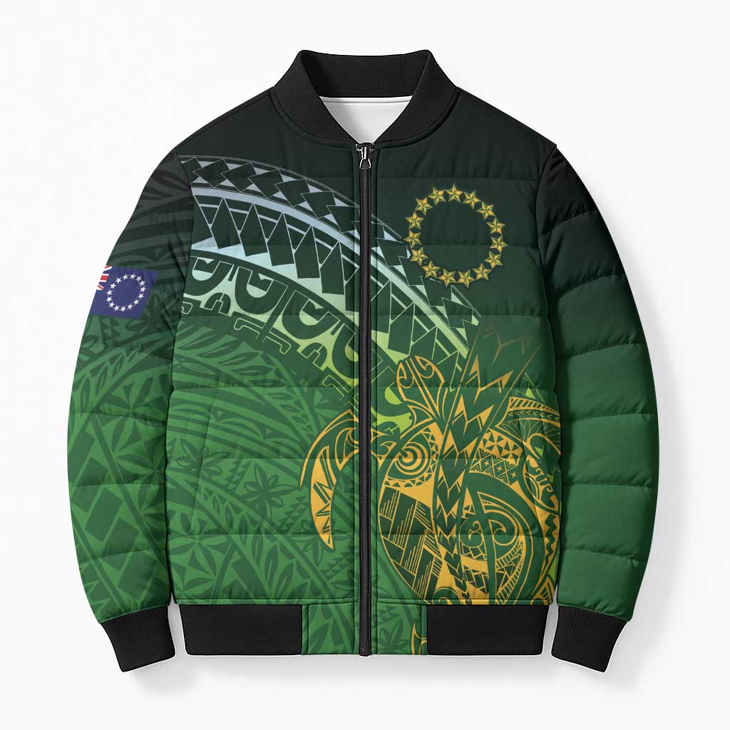 Cook Islands Rugby Kuki Avaiki Bomber Puffer Jacket Tribal Turtle LT7 Unisex Dark Green - Polynesian Pride