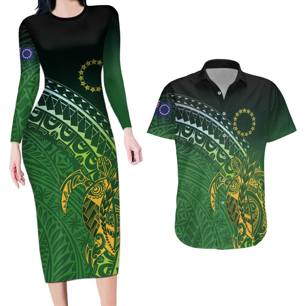 Cook Islands Rugby Kuki Avaiki Couples Matching Long Sleeve Bodycon Dress and Hawaiian Shirt Tribal Turtle LT7 Dark Green - Polynesian Pride