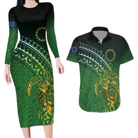 Cook Islands Rugby Kuki Avaiki Couples Matching Long Sleeve Bodycon Dress and Hawaiian Shirt Tribal Turtle LT7 Dark Green - Polynesian Pride