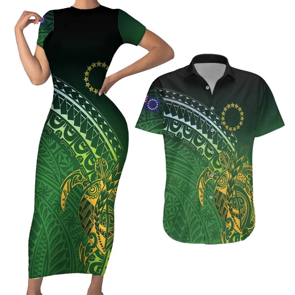 Cook Islands Rugby Kuki Avaiki Couples Matching Short Sleeve Bodycon Dress and Hawaiian Shirt Tribal Turtle LT7 Dark Green - Polynesian Pride