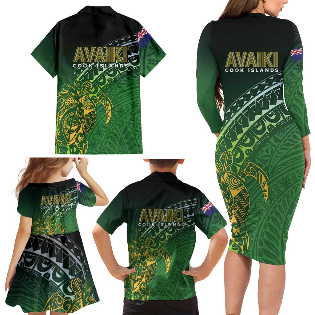 Cook Islands Rugby Kuki Avaiki Family Matching Long Sleeve Bodycon Dress and Hawaiian Shirt Tribal Turtle LT7 - Polynesian Pride