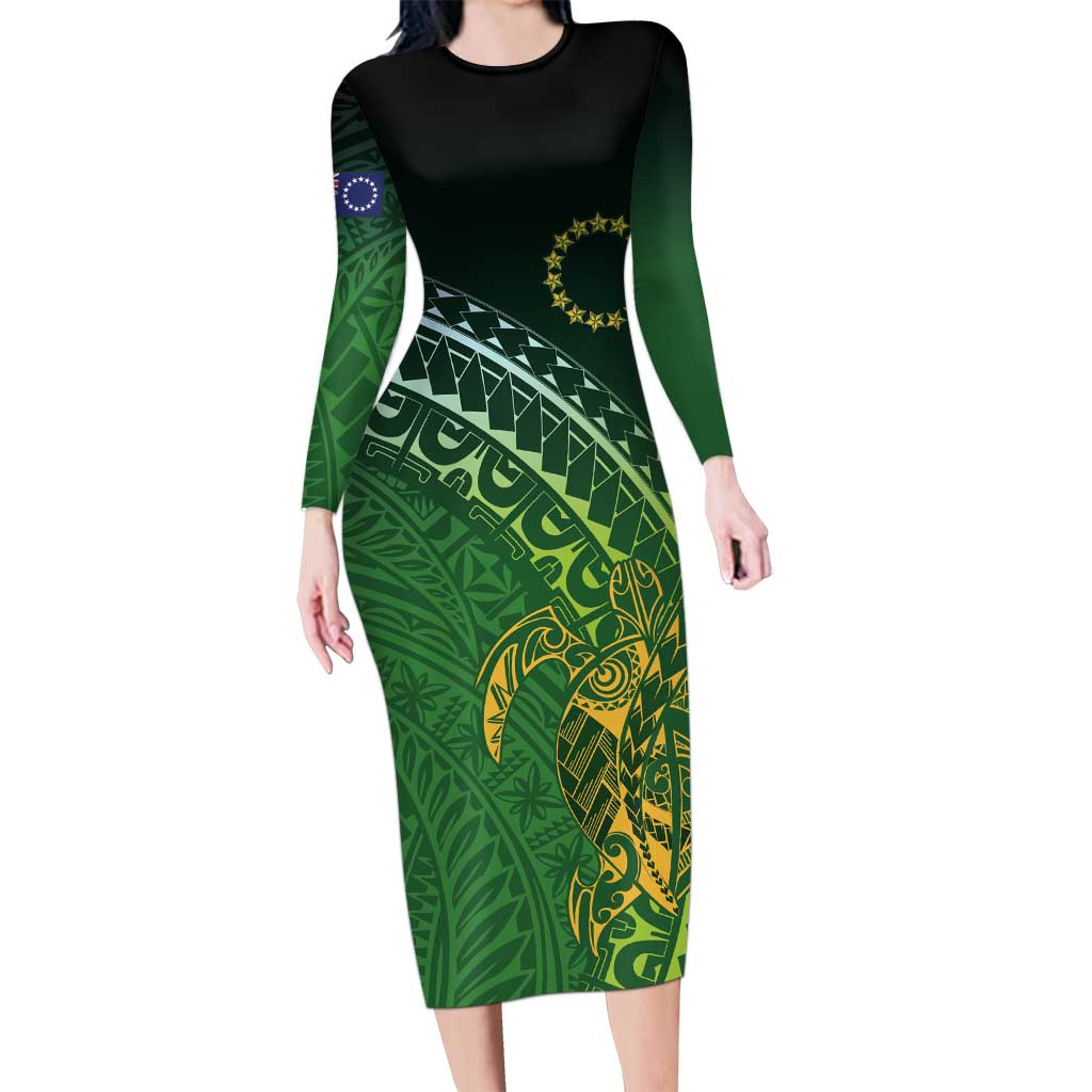 Cook Islands Rugby Kuki Avaiki Family Matching Long Sleeve Bodycon Dress and Hawaiian Shirt Tribal Turtle LT7 Mom's Dress Dark Green - Polynesian Pride