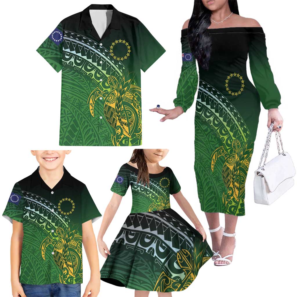Cook Islands Rugby Kuki Avaiki Family Matching Off The Shoulder Long Sleeve Dress and Hawaiian Shirt Tribal Turtle - Polynesian Pride