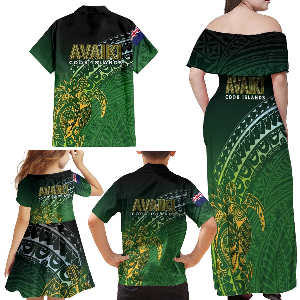 Cook Islands Rugby Kuki Avaiki Family Matching Off Shoulder Maxi Dress and Hawaiian Shirt Tribal Turtle LT7 - Polynesian Pride