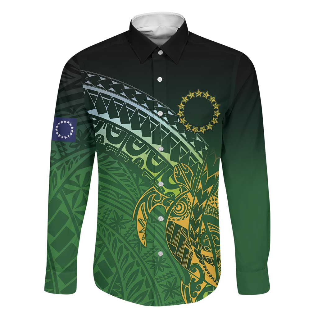 Cook Islands Rugby Kuki Avaiki Family Matching Off Shoulder Maxi Dress and Hawaiian Shirt Tribal Turtle LT7 Dad's Shirt - Long Sleeve Dark Green - Polynesian Pride