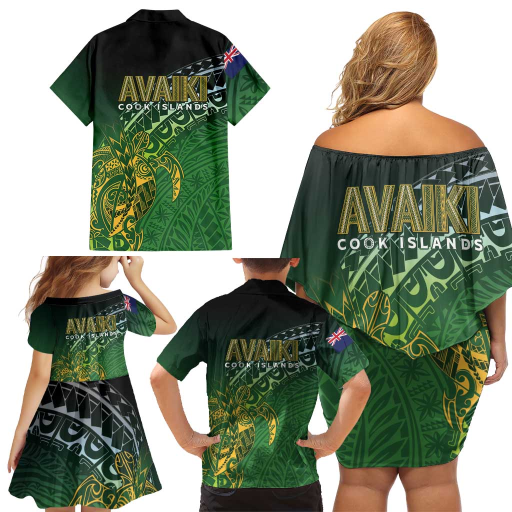 Cook Islands Rugby Kuki Avaiki Family Matching Off Shoulder Short Dress and Hawaiian Shirt Tribal Turtle LT7 - Polynesian Pride