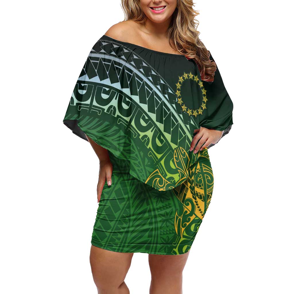 Cook Islands Rugby Kuki Avaiki Family Matching Off Shoulder Short Dress and Hawaiian Shirt Tribal Turtle LT7 Mom's Dress Dark Green - Polynesian Pride