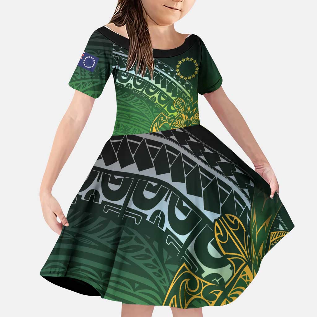 Cook Islands Rugby Kuki Avaiki Family Matching Short Sleeve Bodycon Dress and Hawaiian Shirt Tribal Turtle LT7 Daughter's Dress Dark Green - Polynesian Pride