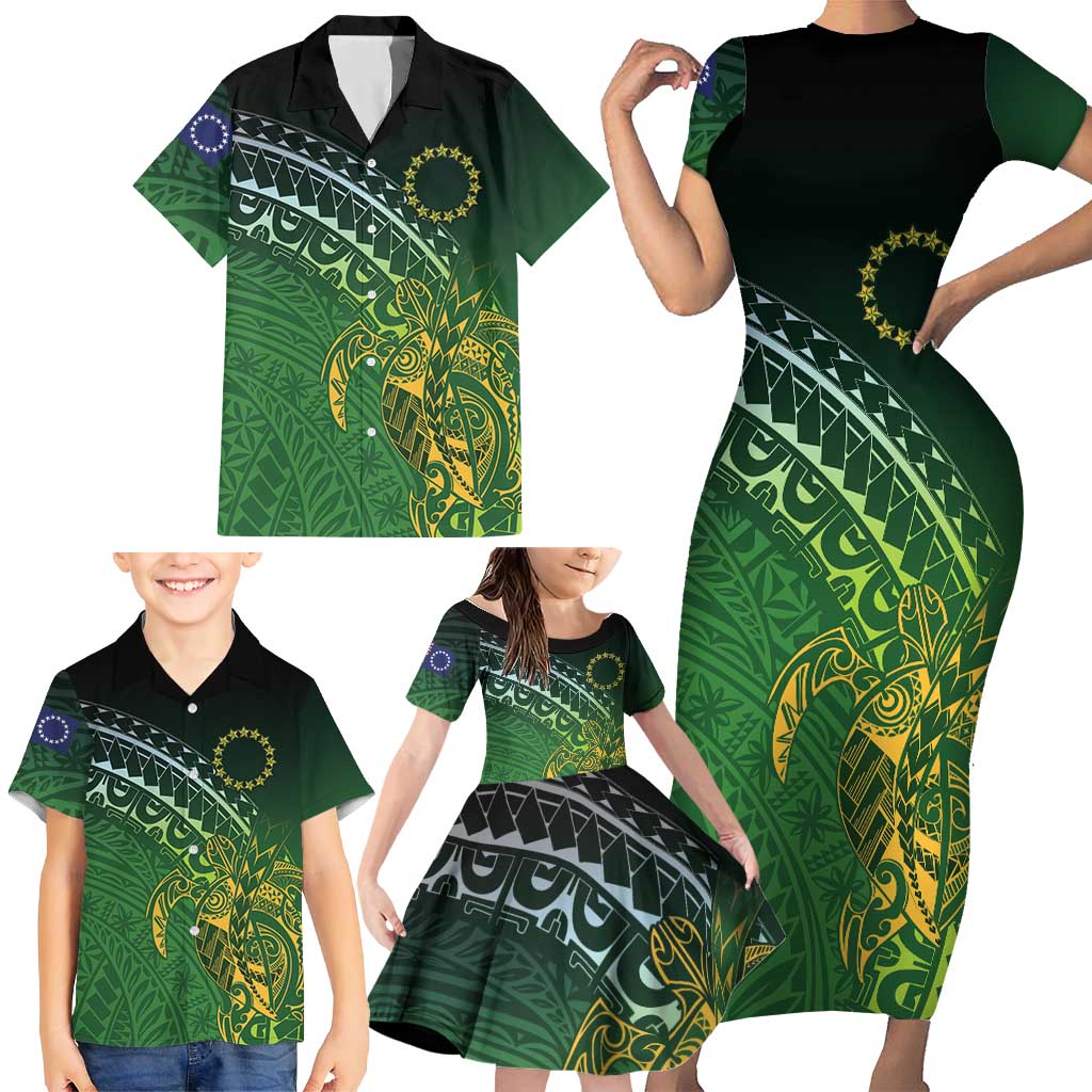 Cook Islands Rugby Kuki Avaiki Family Matching Short Sleeve Bodycon Dress and Hawaiian Shirt Tribal Turtle LT7 - Polynesian Pride
