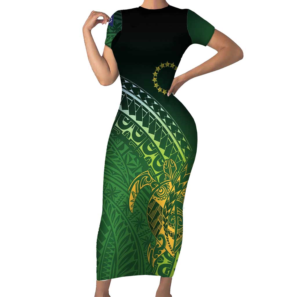 Cook Islands Rugby Kuki Avaiki Family Matching Short Sleeve Bodycon Dress and Hawaiian Shirt Tribal Turtle LT7 Mom's Dress Dark Green - Polynesian Pride