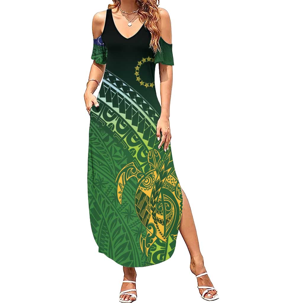 Cook Islands Rugby Kuki Avaiki Family Matching Summer Maxi Dress and Hawaiian Shirt Tribal Turtle LT7 Mom's Dress Dark Green - Polynesian Pride