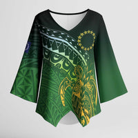 Cook Islands Rugby Kuki Avaiki Kimono Sleeve Blouse Tribal Turtle LT7 Female Dark Green - Polynesian Pride
