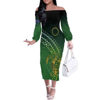 Cook Islands Rugby Kuki Avaiki Off The Shoulder Long Sleeve Dress Tribal Turtle LT7 Women Dark Green - Polynesian Pride